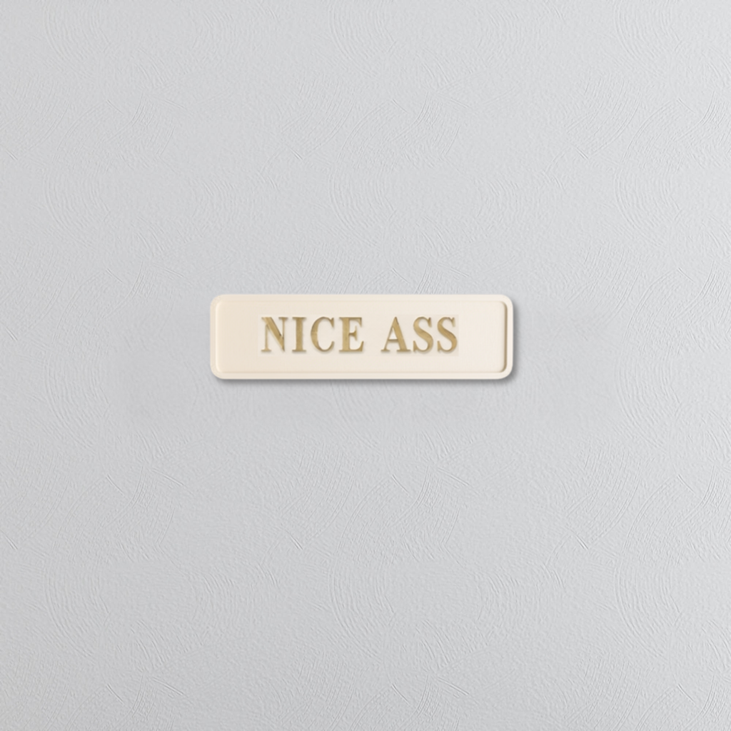 Rectangular beige sign with 'NICE ASS' gold text on a light gray background