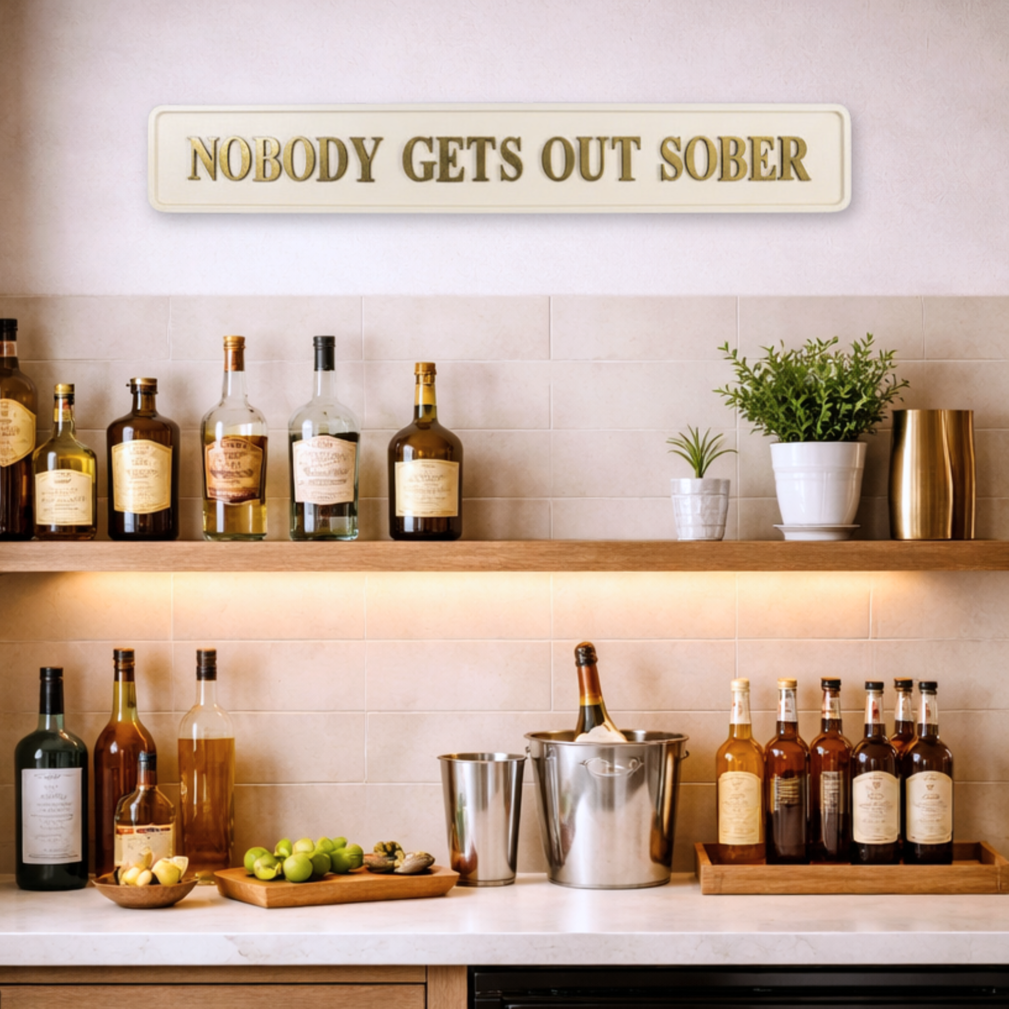 Bar setup with bottles, a sign reading 'Nobody Gets Out Sober', and decorative elements.