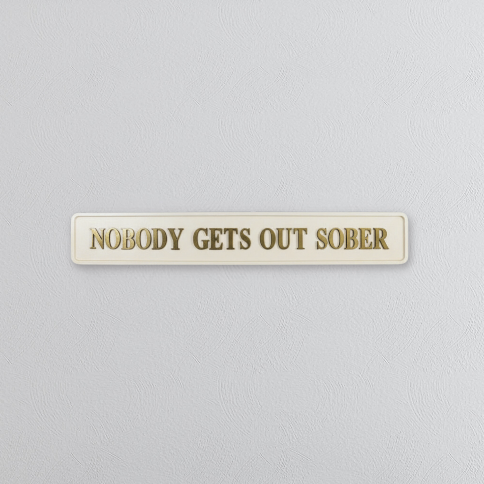 Rectangular sign with 'NOBODY GETS OUT SOBER' text on a light gray background