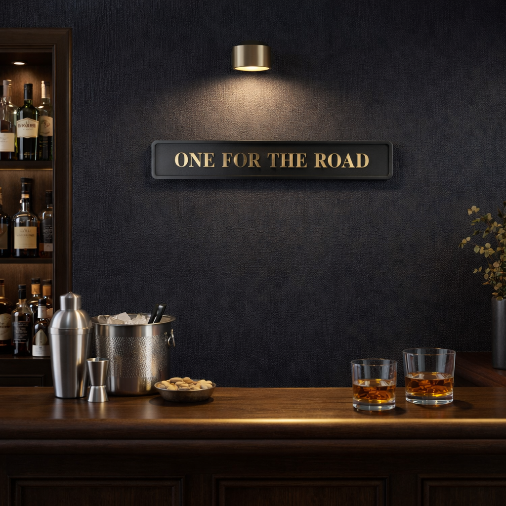 Bar setup with 'ONE FOR THE ROAD' sign on a dark wall.