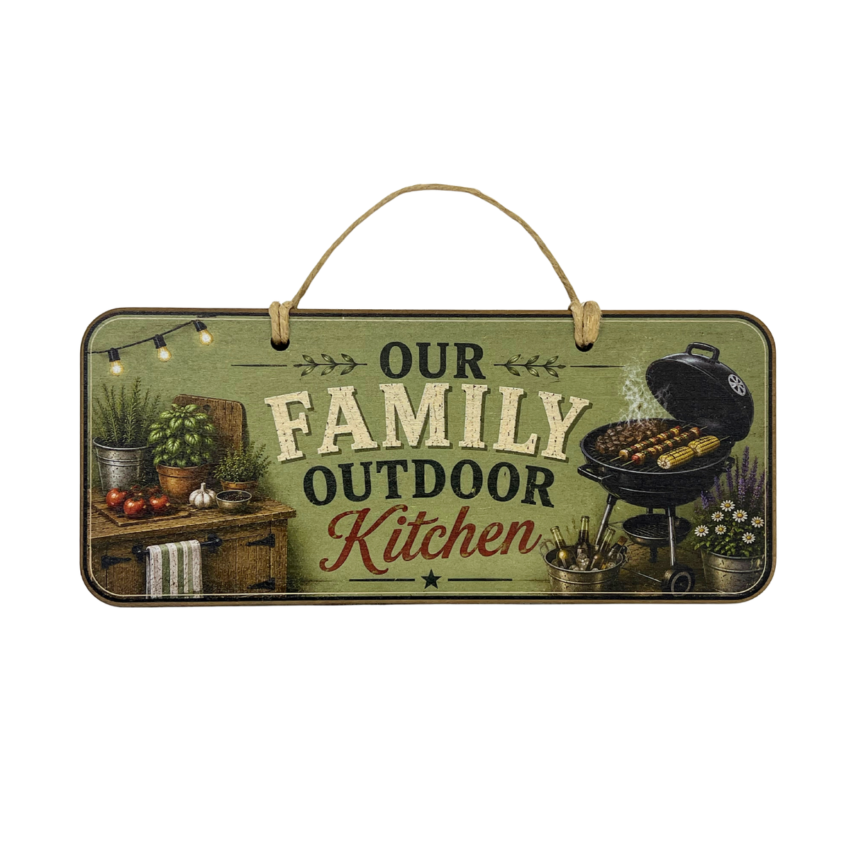 A rectangular hanging wall sign with a rustic outdoor kitchen theme. The sign has a distressed olive green background with the text 'OUR FAMILY OUTDOOR Kitchen' in cream, beige, and red lettering.
