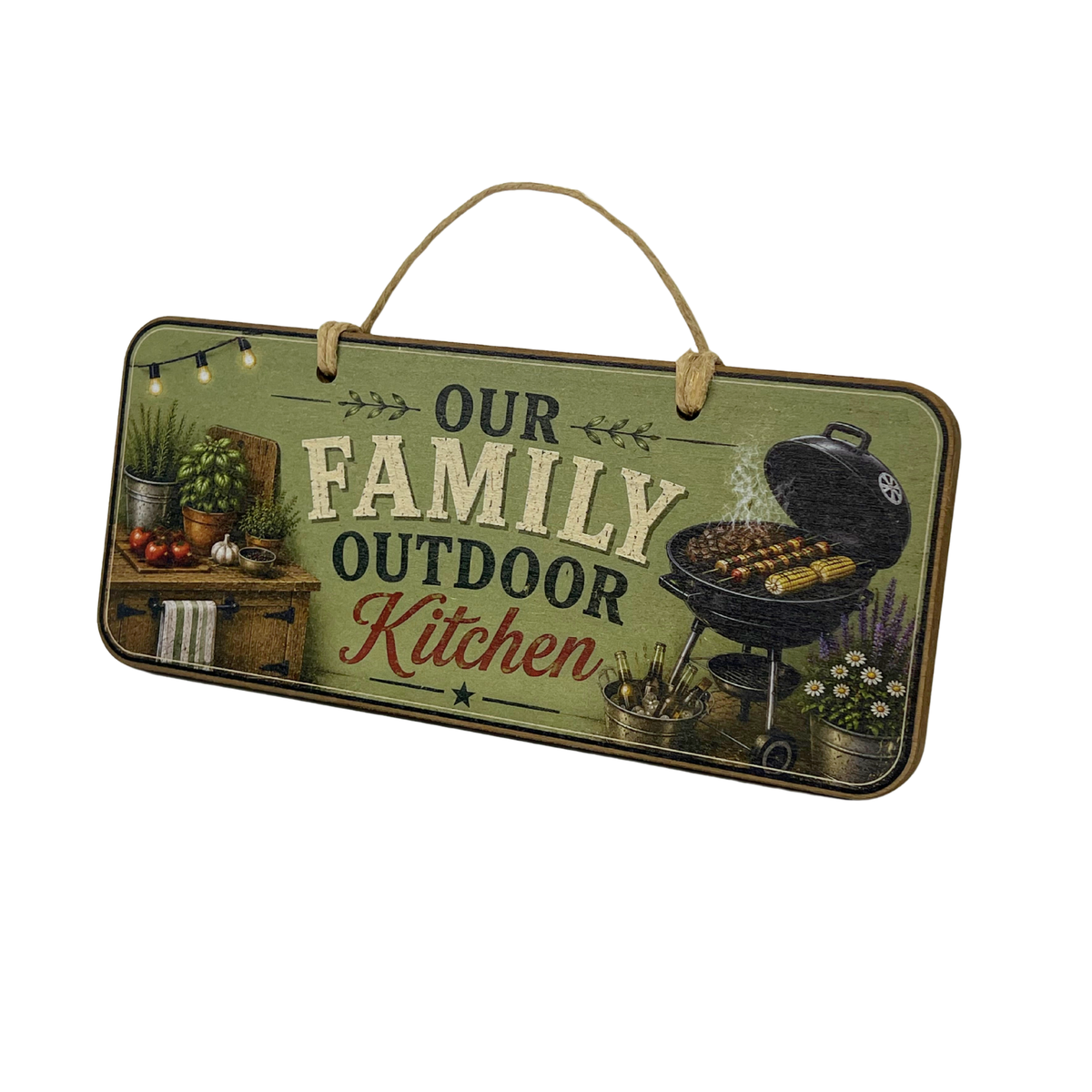 A rectangular decorative wall sign with a rustic outdoor kitchen theme, featuring the text 'OUR FAMILY OUTDOOR Kitchen' on an olive green background with illustrations of a grill, plants, and a wooden table, suspended by a rope hanger.