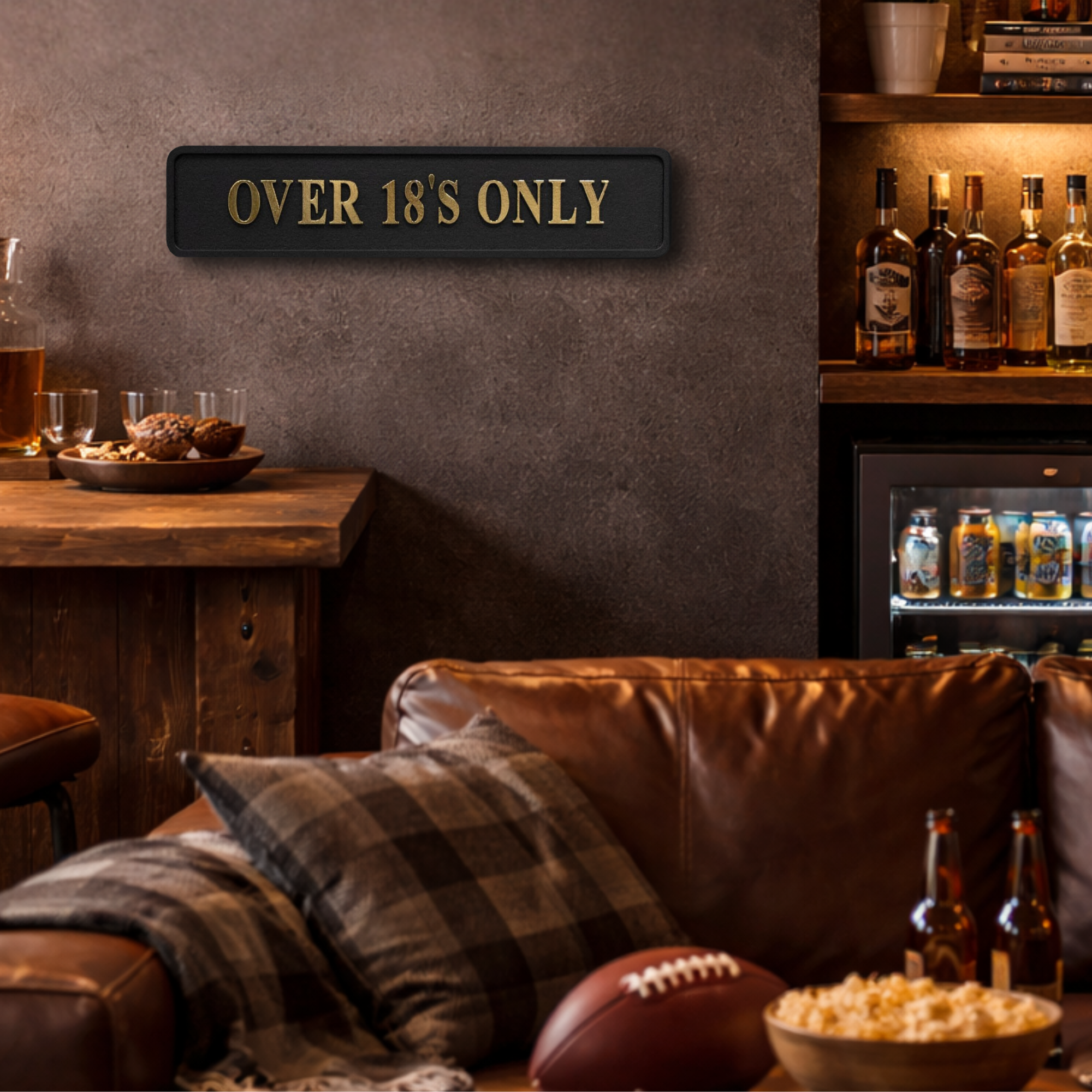 Bar area with leather couch, sports ball, popcorn, and 'Over 18's Only' sign.