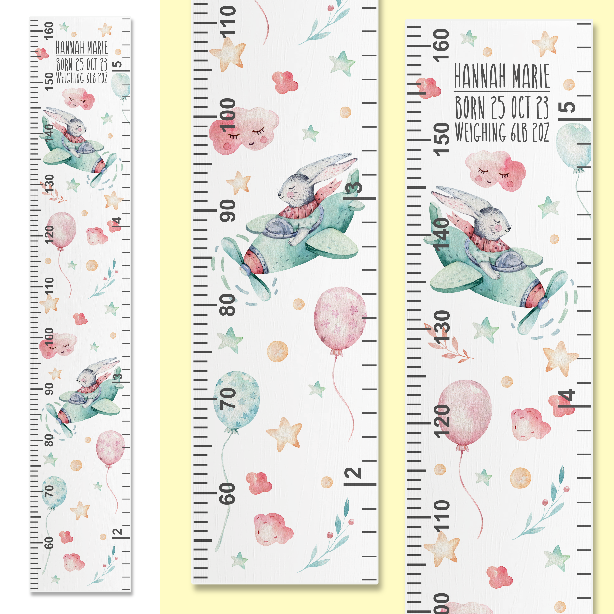 Three growth charts with watercolour bunny's flying a plane in the cloud. On on a white background