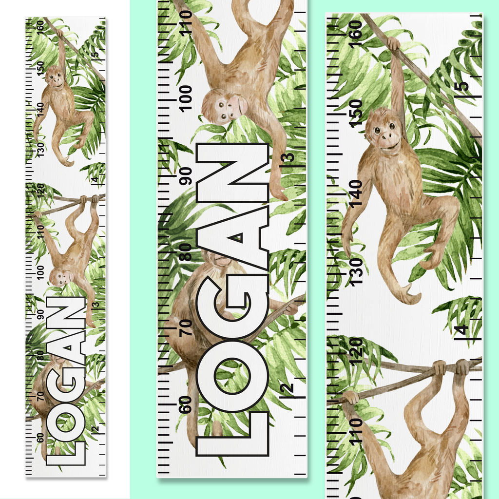 Three height ruler designs with watercolour monkey illustrations and personalised name on a light green background.