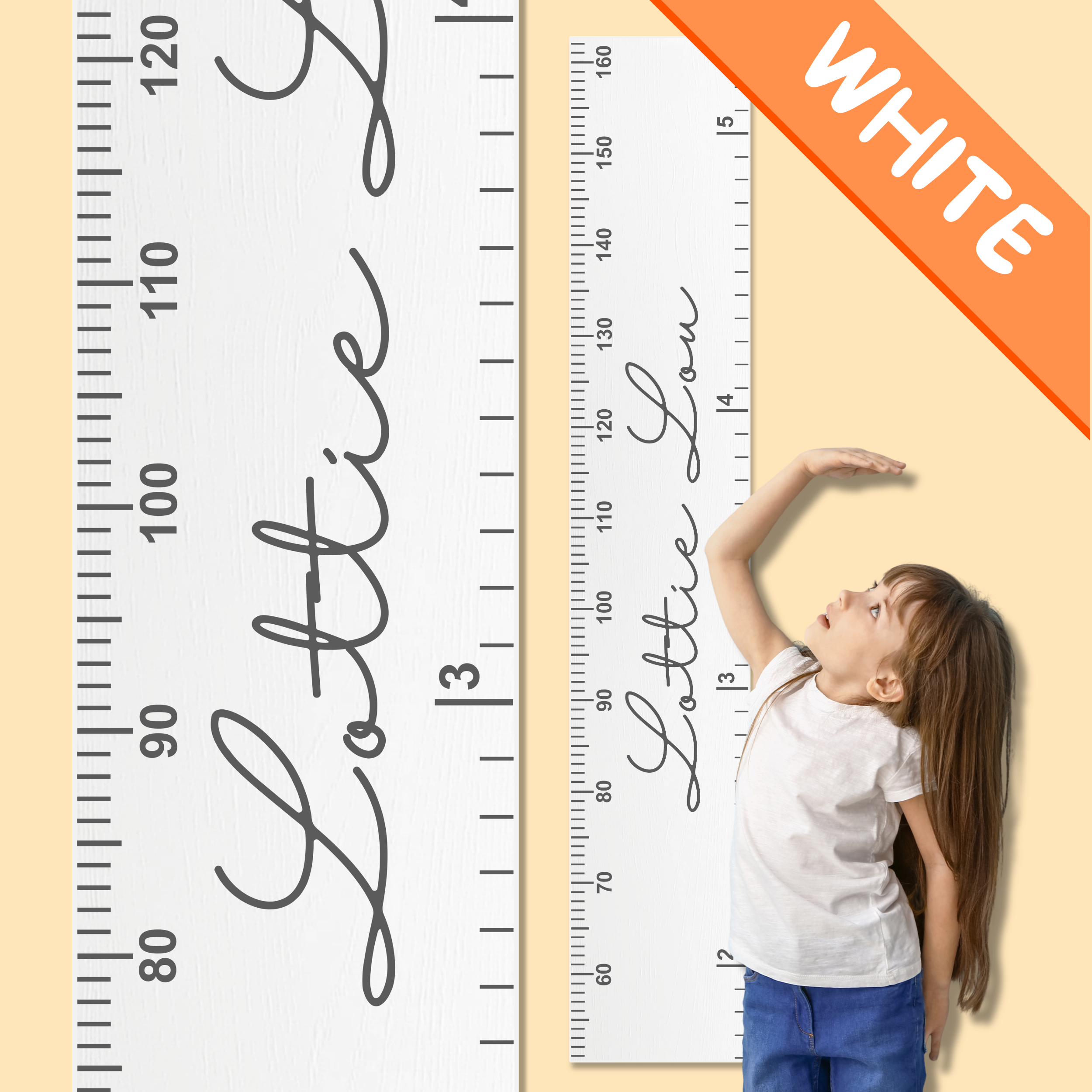 White growth chart with personalised name in cursive font  and a child measuring their height.