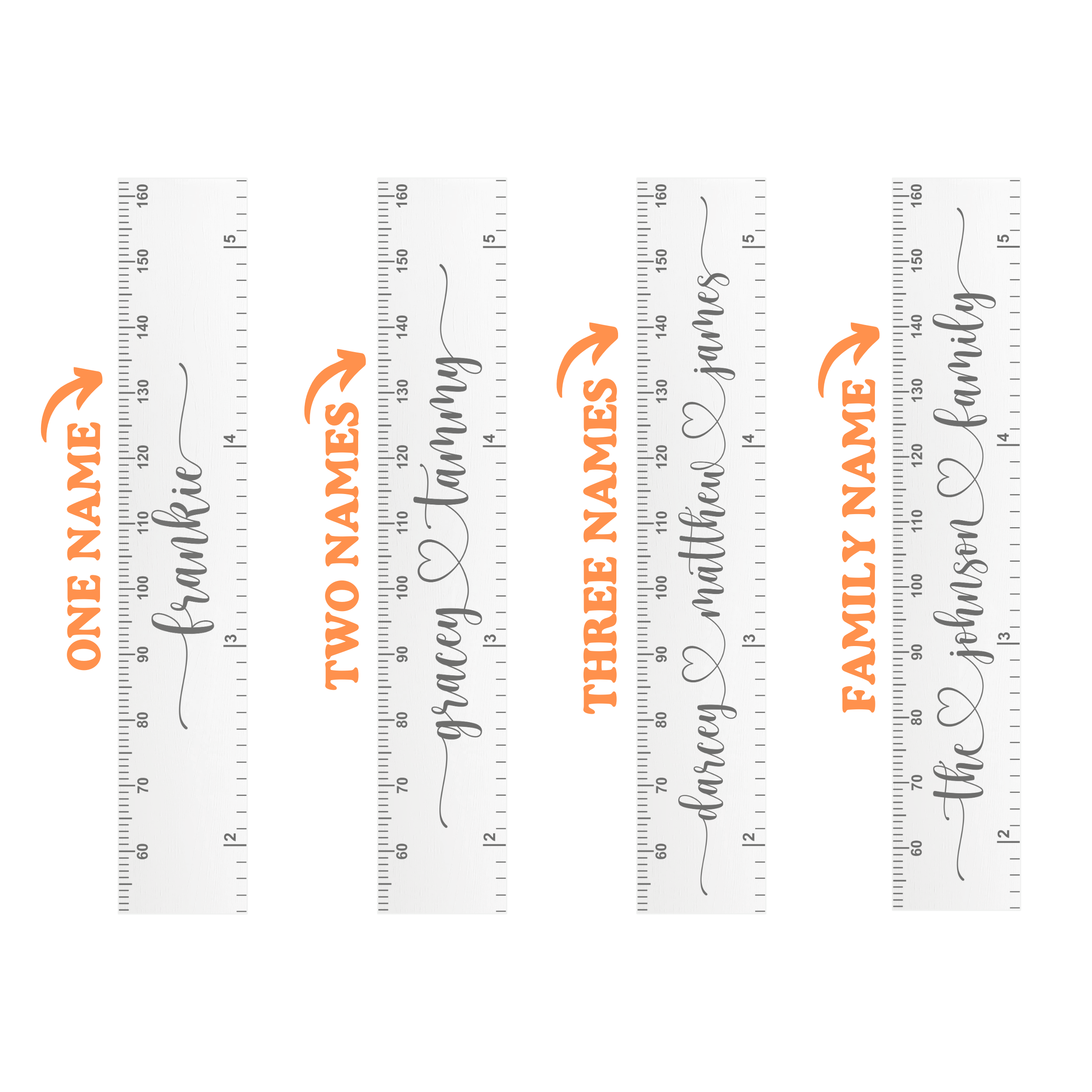 Set of four personalized name rulers showing the examples for 1, 2, 3 custom names or 1 surname, on a white background