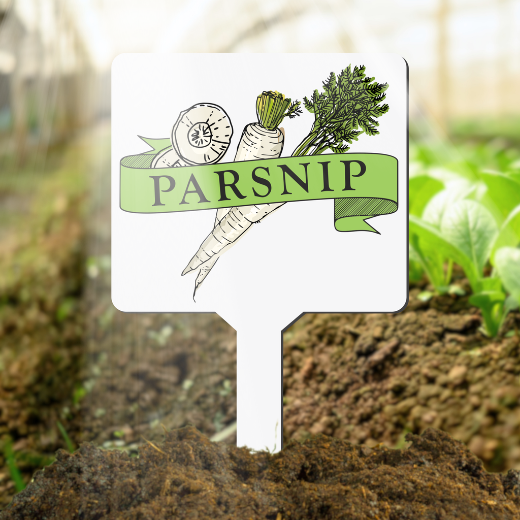 Plant marker with parsnip illustration and label in a garden setting