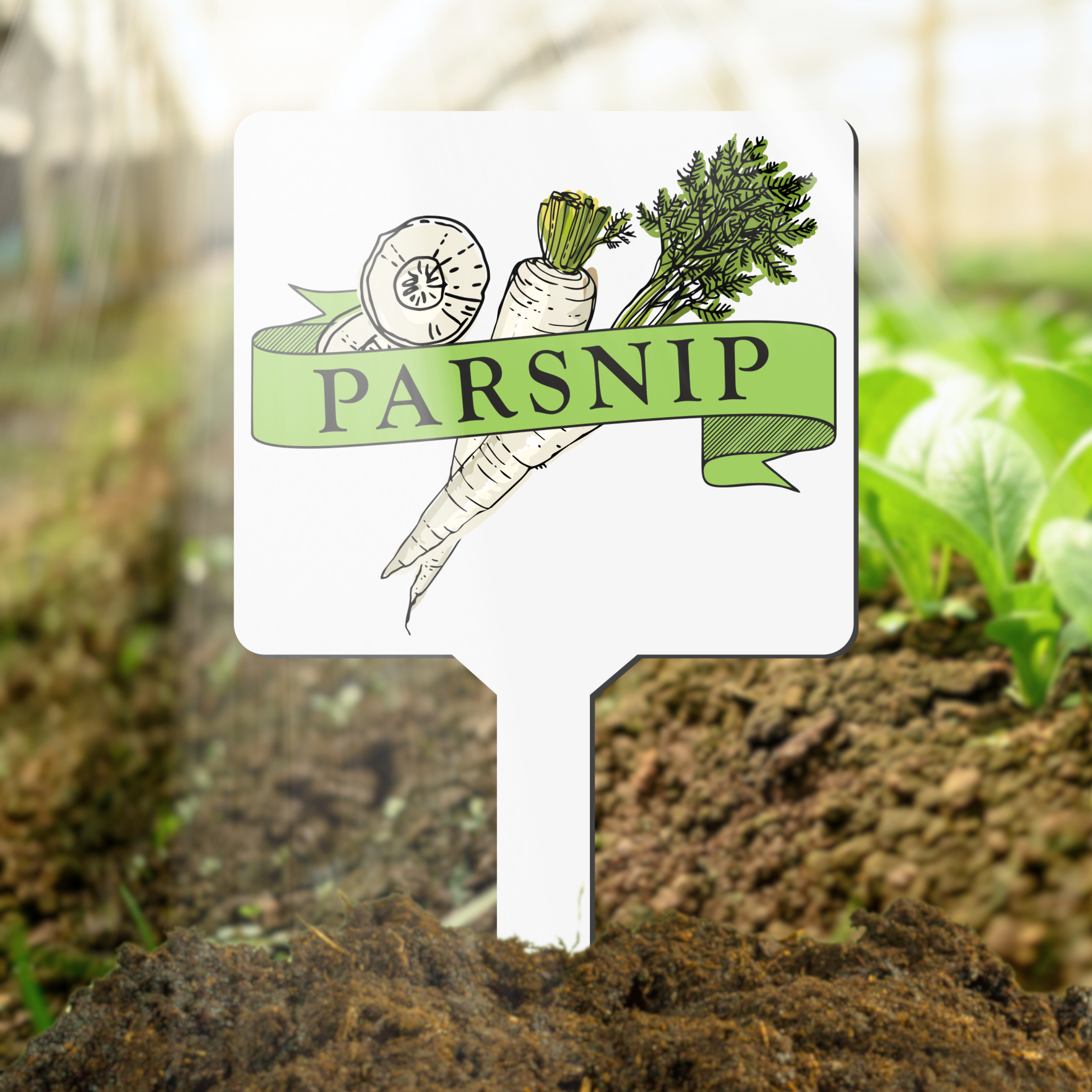 Plant marker with parsnip illustration and label in a garden setting