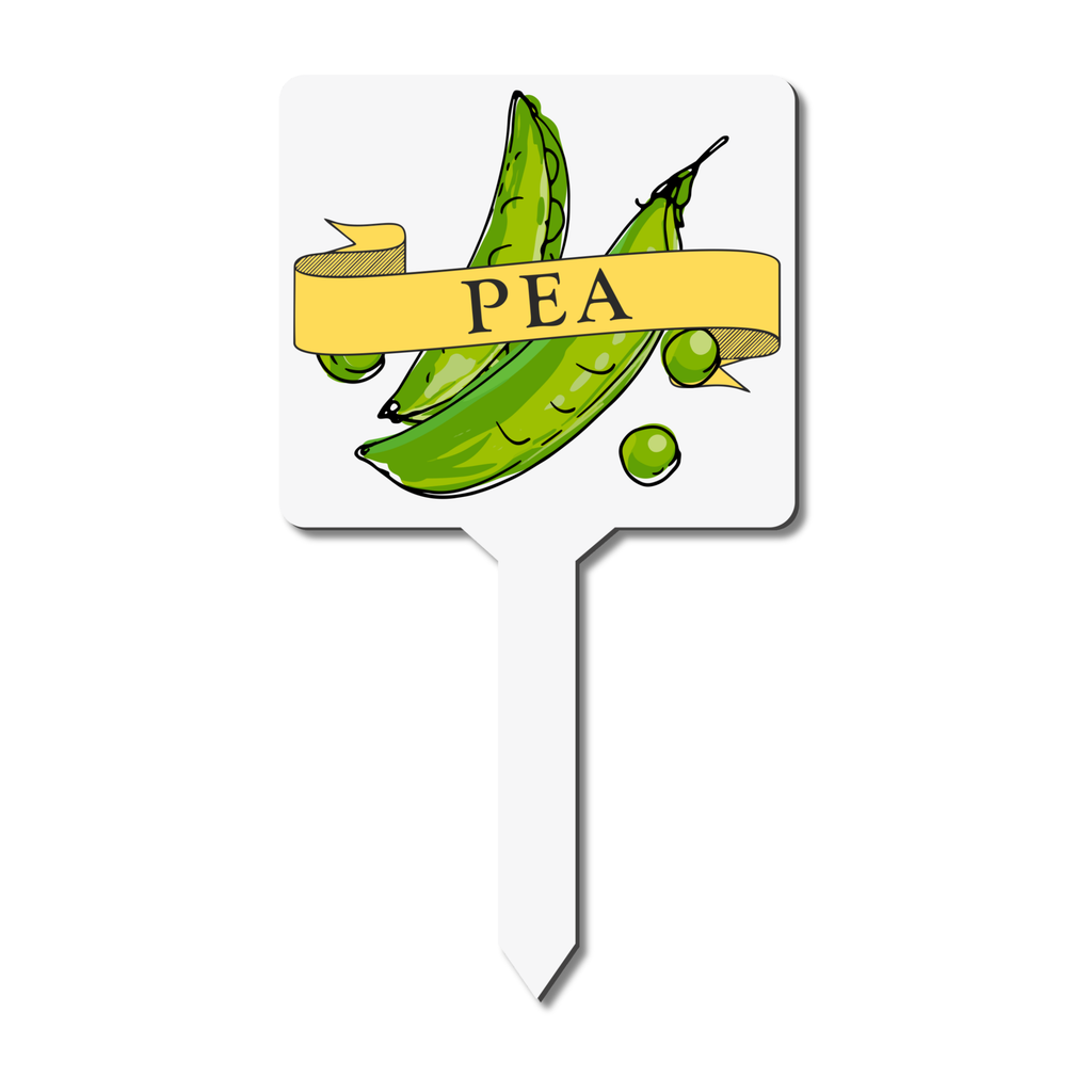 Plant marker with green peas illustration and 'pea' label