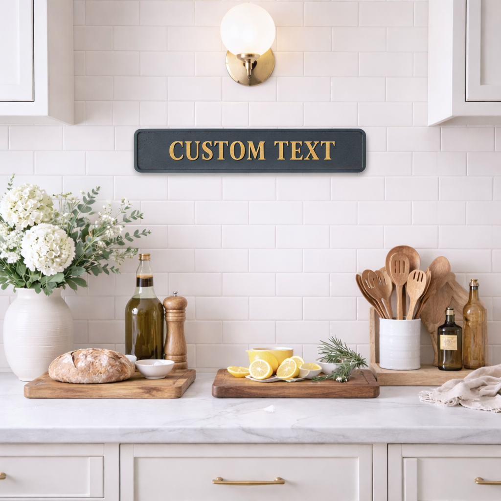Kitchen counter with a 'CUSTOM TEXT' black and gold sign, flowers, and kitchen utensils.