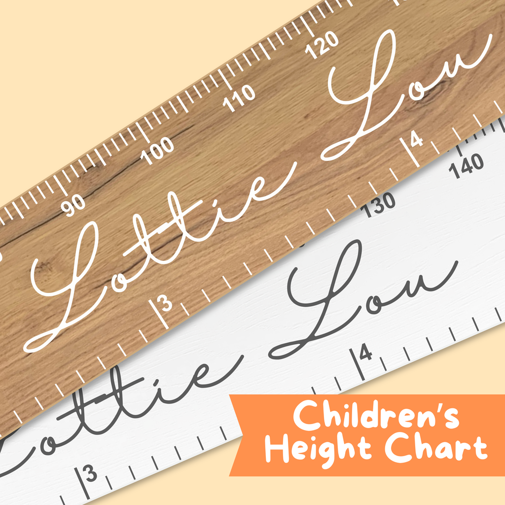 Children's height rulers, one white with grey markings and the other natural wood with white print, featuring a personalised name in cursive font up the middle