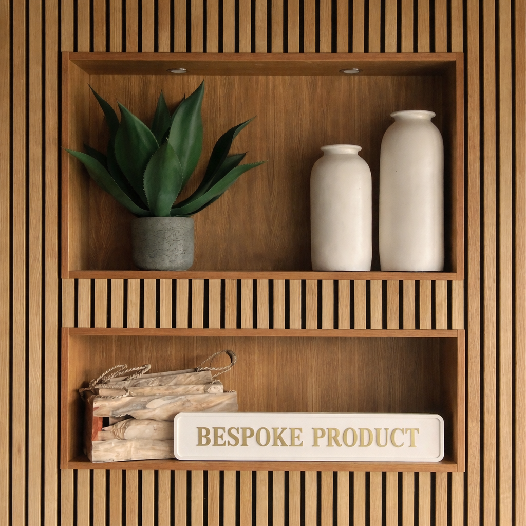 Wooden shelf with decorative items including a plant, vases, and a cream and gold sign labeled 'Bespoke Product'.