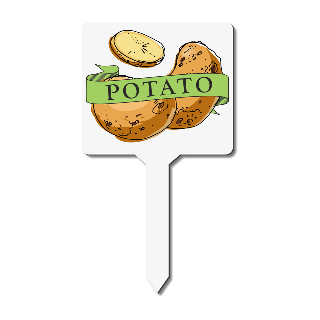 White plant label with potato illustration and 'Potato' text on a white background