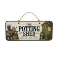 A rectangular hanging wall sign with a rustic potting shed theme. The sign features a hanging rope, a vintage green shed illustration on the right, potted plants, a watering can, and the text 'THE POTTING SHED' and 'PLANTS • POTS • STORIES • LAUGHTER' on a cream background with a dark border.