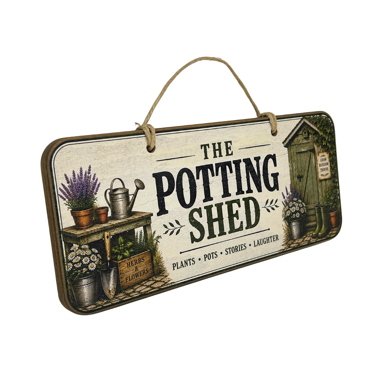 A rustic rectangular hanging sign with a jute rope handle, featuring the words 'THE POTTING SHED' and smaller text 'PLANTS • POTS • STORIES • LAUGHTER.' The sign has a vintage illustration of a garden shed, potted plants, flowers, a watering can, and tools on a light cream background with dark brown lettering.