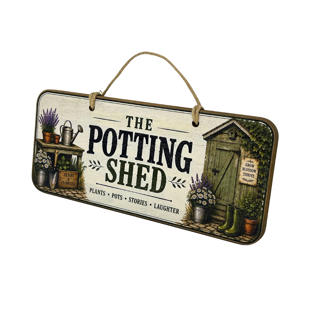 A rustic rectangular hanging sign with a natural wood-look frame and rope hanger, featuring the words “THE POTTING SHED” in large black letters. The sign is decorated with vintage-style illustrations of a green potting shed, potted plants, flowers, a watering can, and gardening boots on a light cream background.