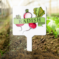 Garden marker with radish illustration and text in a garden setting
