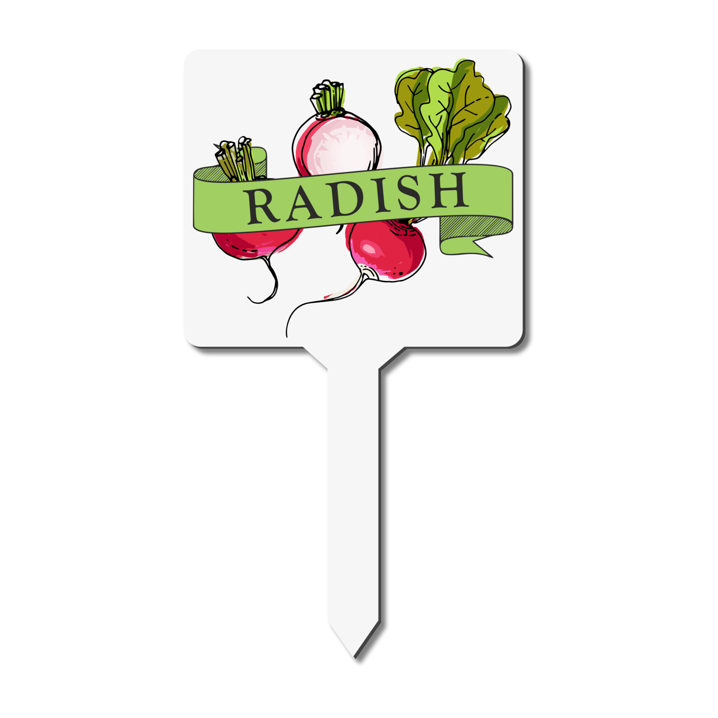 Garden marker with radish illustration and text 