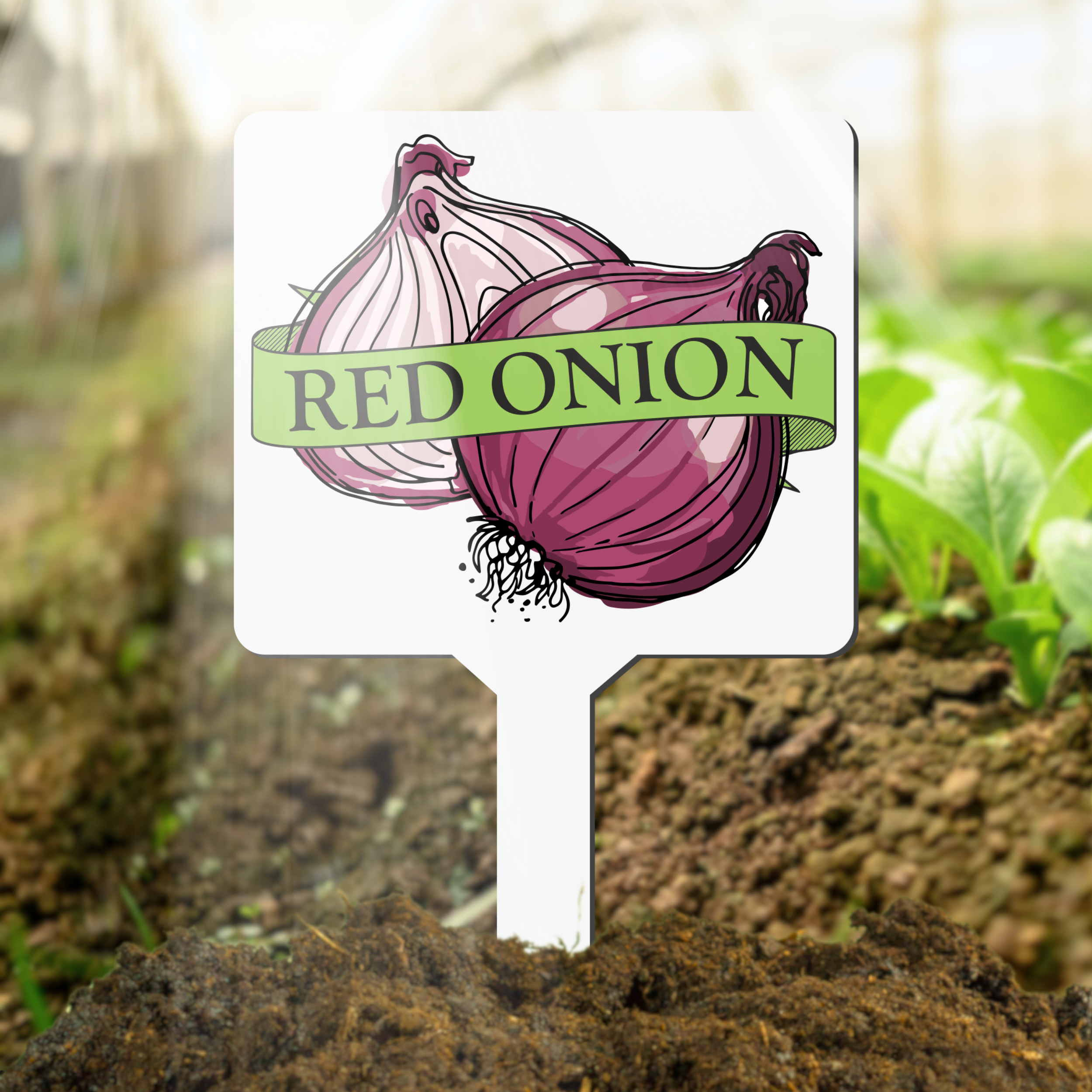 Garden marker with red onion illustration and text in a garden setting