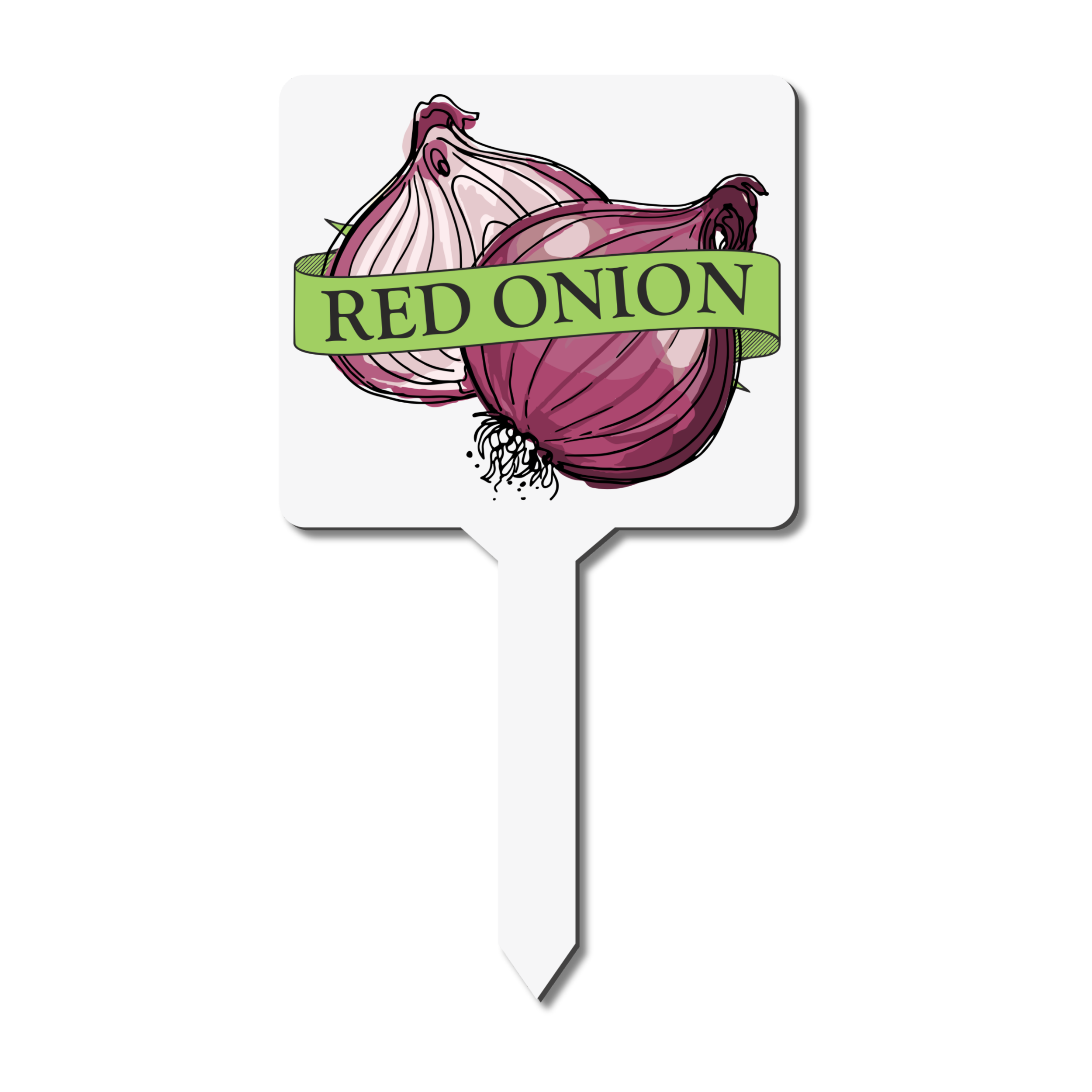 White plant label with red onion illustration and 'Red Onion' text on a white background