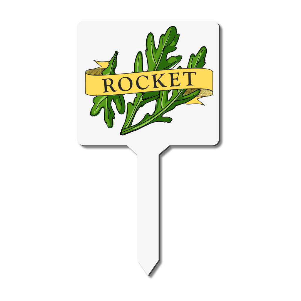 White plant label with green leaf design and 'ROCKET' text on a white background