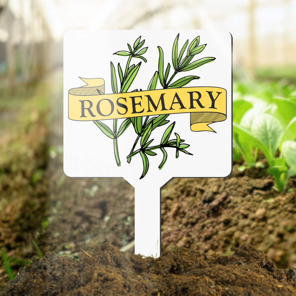 Plant marker with rosemary illustration and label