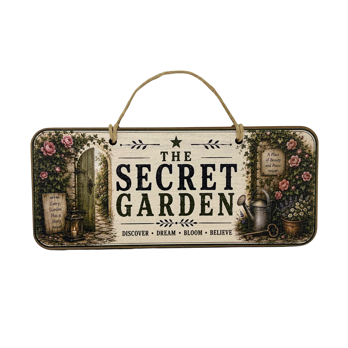 A rectangular hanging wall sign with a rope handle, featuring the words “THE SECRET GARDEN” in large black letters. The sign has a vintage garden illustration with pink roses, a garden gate, a watering can, and the phrases “DISCOVER • DREAM • BLOOM • BELIEVE” along the bottom, shown on a plain white background.