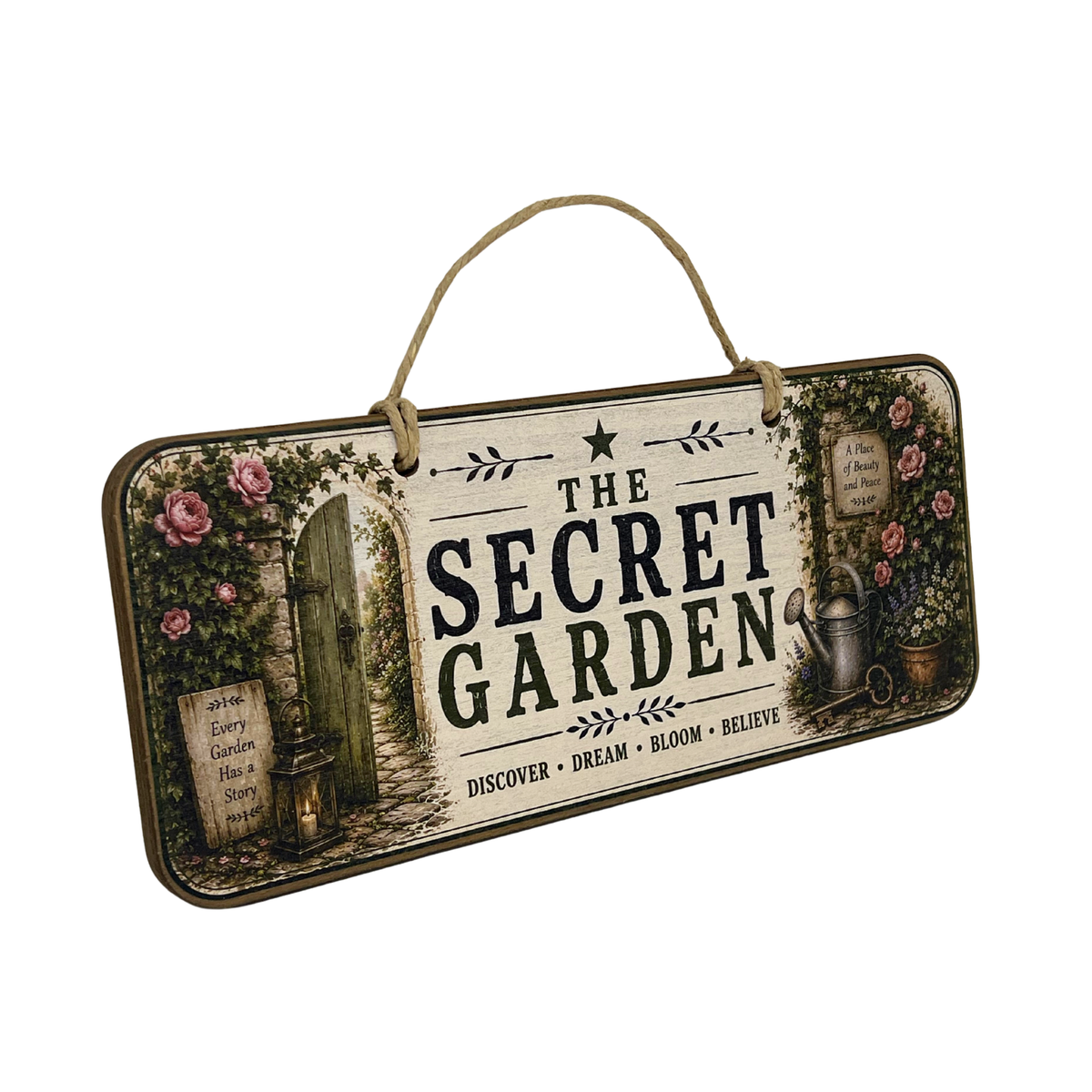 A decorative rectangular hanging sign with a rope handle, featuring the words “THE SECRET GARDEN” in large black letters. The sign has a vintage garden illustration with pink roses, a green door, potted plants, a watering can, and small quote plaques on a white background.