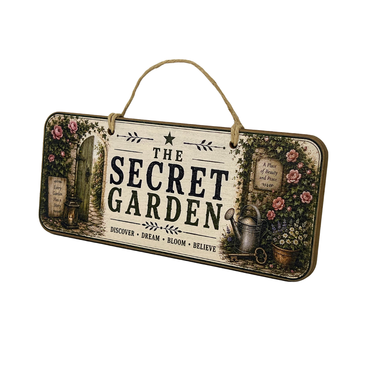A decorative rectangular hanging sign with a rustic handle, featuring the words “THE SECRET GARDEN” in large black letters. The sign has an aged cream background with illustrated pink roses, green foliage, a garden path, a watering can, and small decorative text elements, shown on a plain white background.
