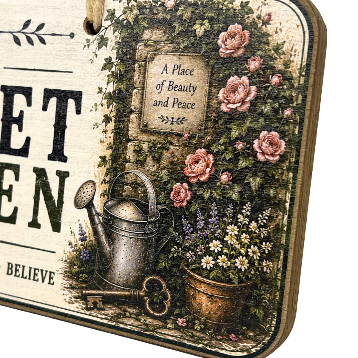 A decorative wooden sign with rounded corners, featuring a vintage-style garden illustration with pink roses, a metal watering can, a key, and a small sign reading 'A Place of Beauty and Peace.' The left side has cream-colored wood with partial black text including 'BELIEVE.