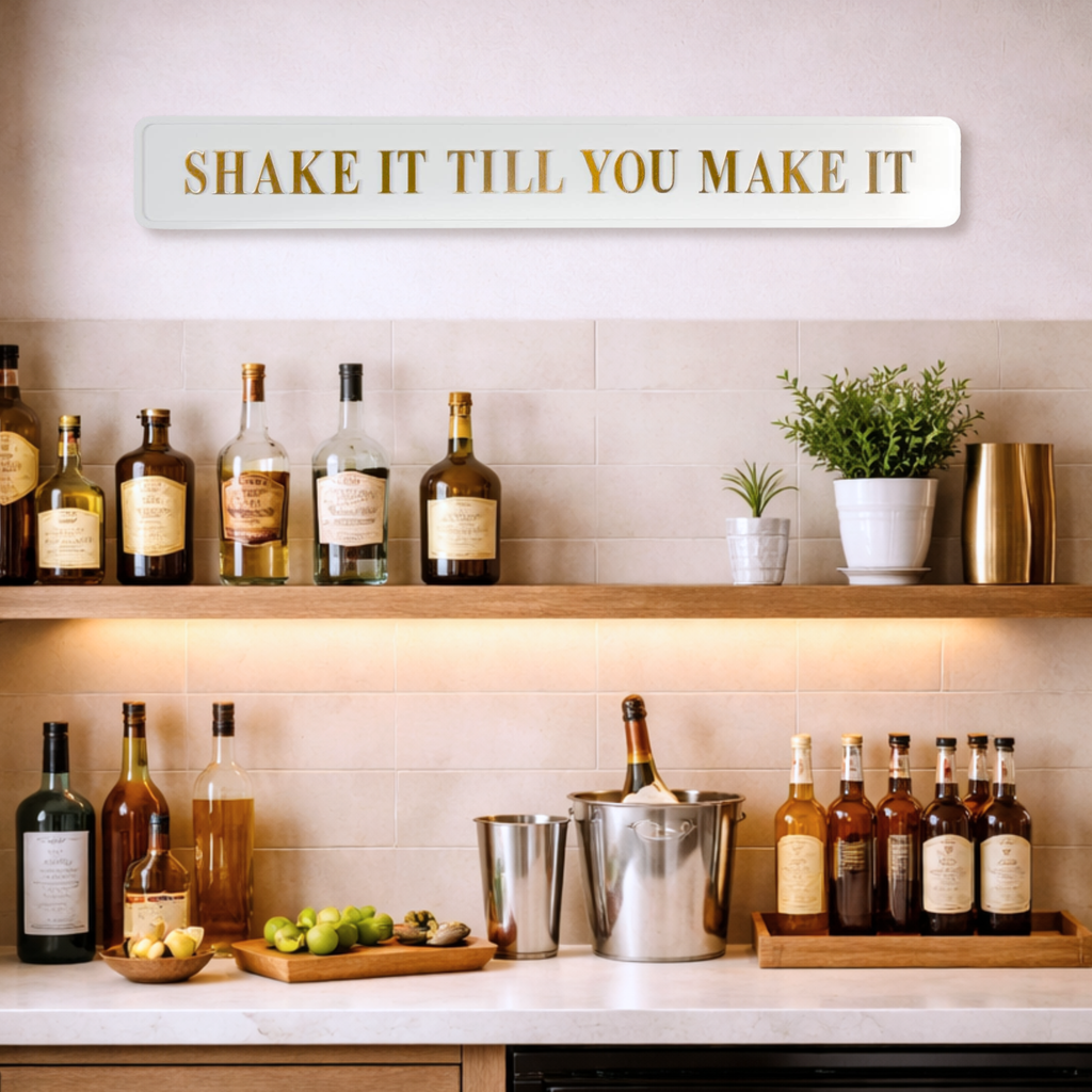 Home bar setup featuring a decorative sign with the words 'SHAKE IT TILL YOU MAKE IT' in gold foil