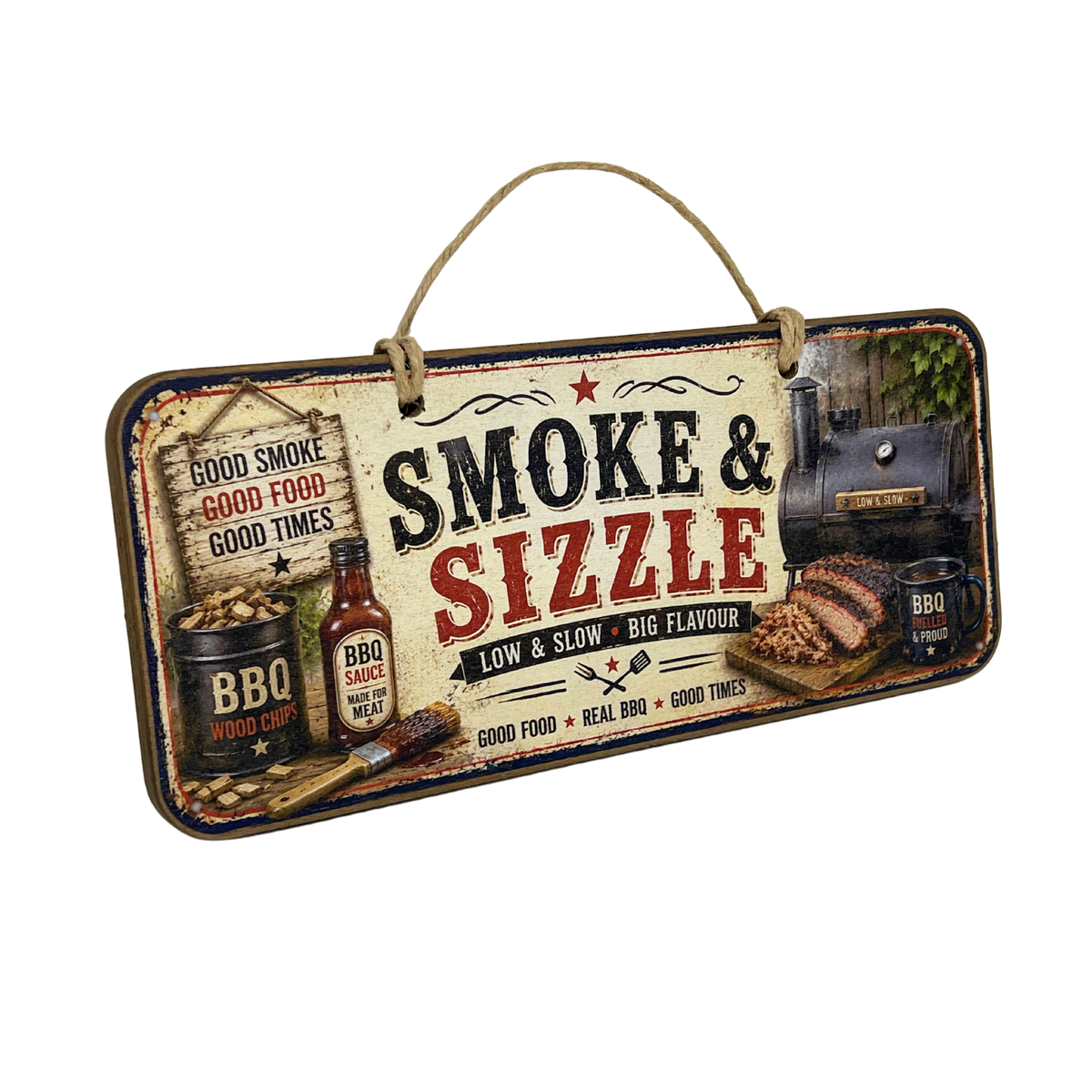 A rectangular hanging BBQ sign with a rustic distressed finish, featuring the words 'SMOKE & SIZZLE' in large black and red lettering, along with illustrations of a barbecue grill, sliced meat, a bottle of BBQ sauce, and coals on a white background.