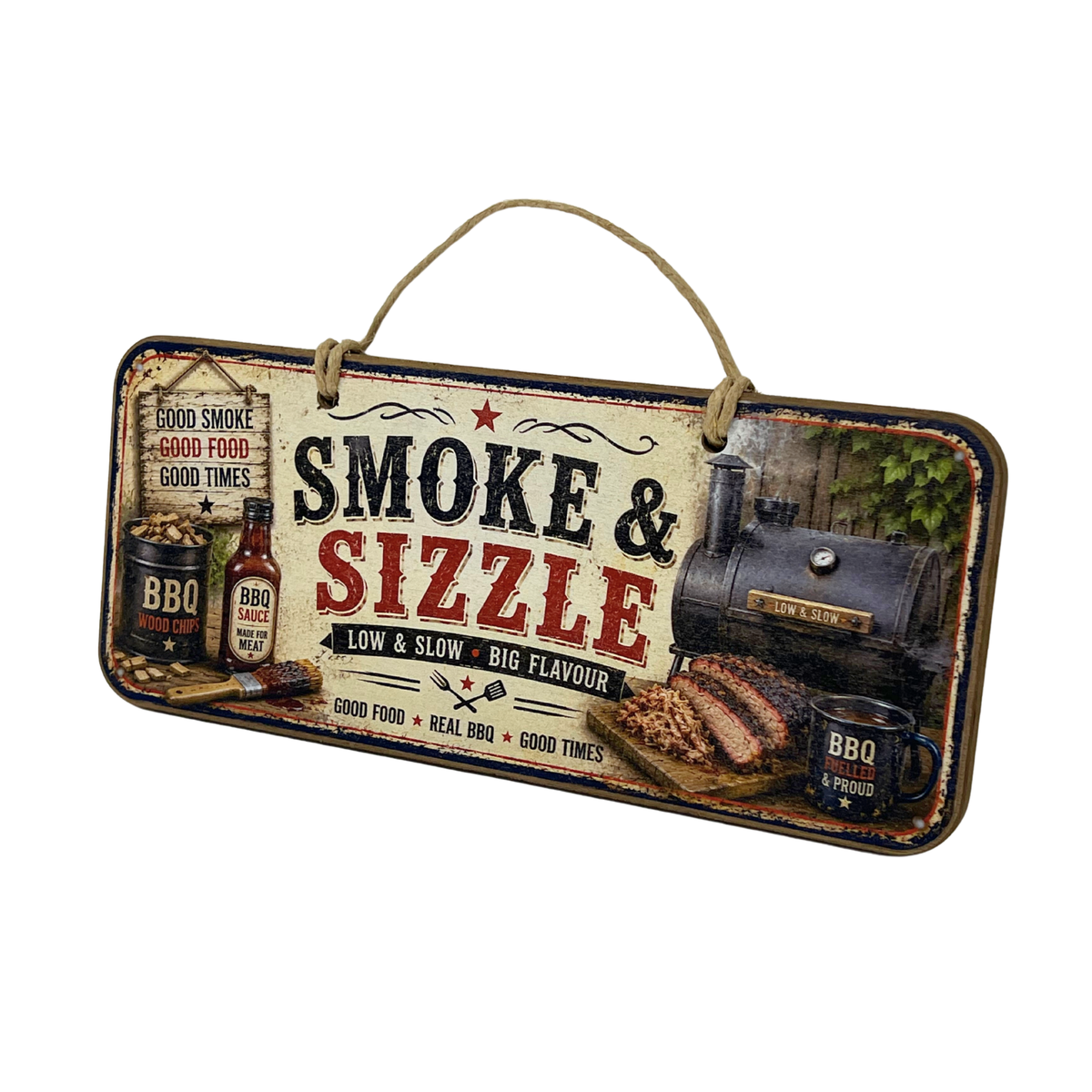 A rectangular hanging BBQ sign with a rustic distressed design. The sign features the text 'SMOKE & SIZZLE' in large red and black letters, accompanied by illustrations of a smoking locomotive, sliced grilled meat, a bottle of barbecue sauce, a mug, and a hanging rope handle.