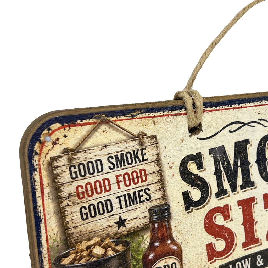 A rustic metal hanging sign with a distressed cream background and bold black and red text reading 'SMOKEShop' and 'GOOD SMOKE GOOD FOOD GOOD TIMES,' shown with a hanging twine cord against a white background.