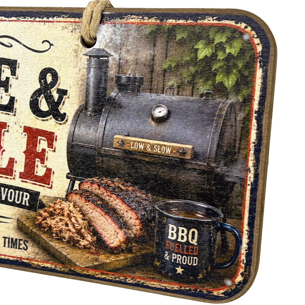A rustic rectangular wooden sign with a hanging loop, featuring barbecue-themed artwork: a black smoking grill, sliced grilled meat on a cutting board, and a dark mug reading 'BBQ FUELLED & PROUD.' The sign has distressed cream, red, black, and brown tones and is shown against a plain white background.