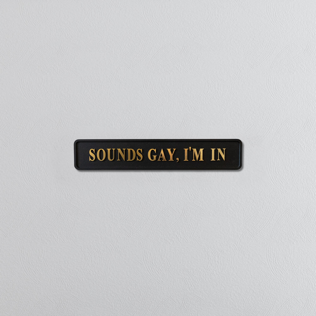 Black rectangular sign with gold text 'SOUNDS GAY. I'M IN' on a light gray background