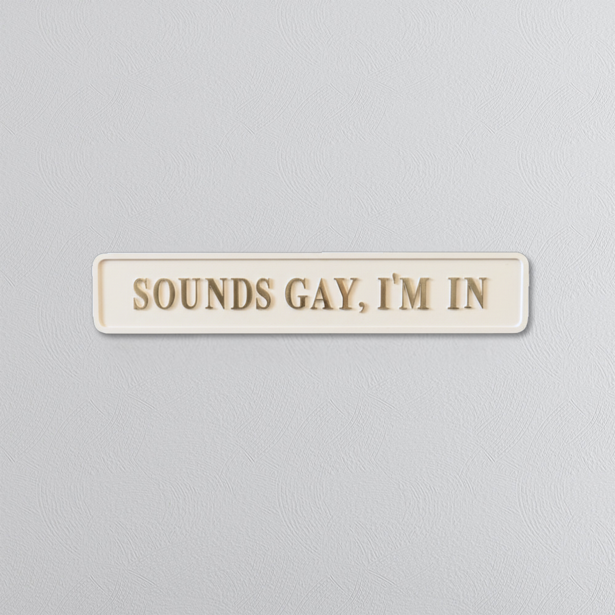 Rectangular sign with text 'SOUNDS GAY, I'M IN' on a light gray background