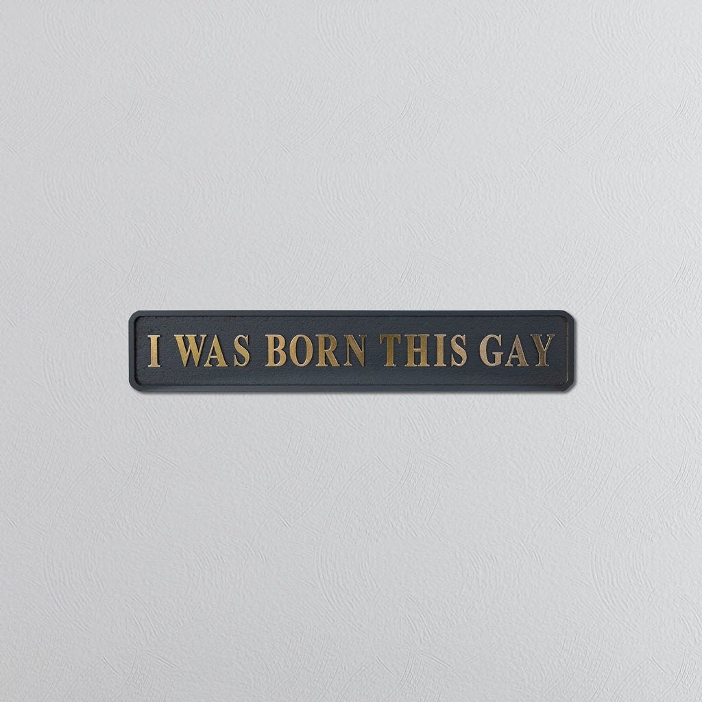 Plaque with 'I WAS BORN THIS GAY' in gold text on a light gray background