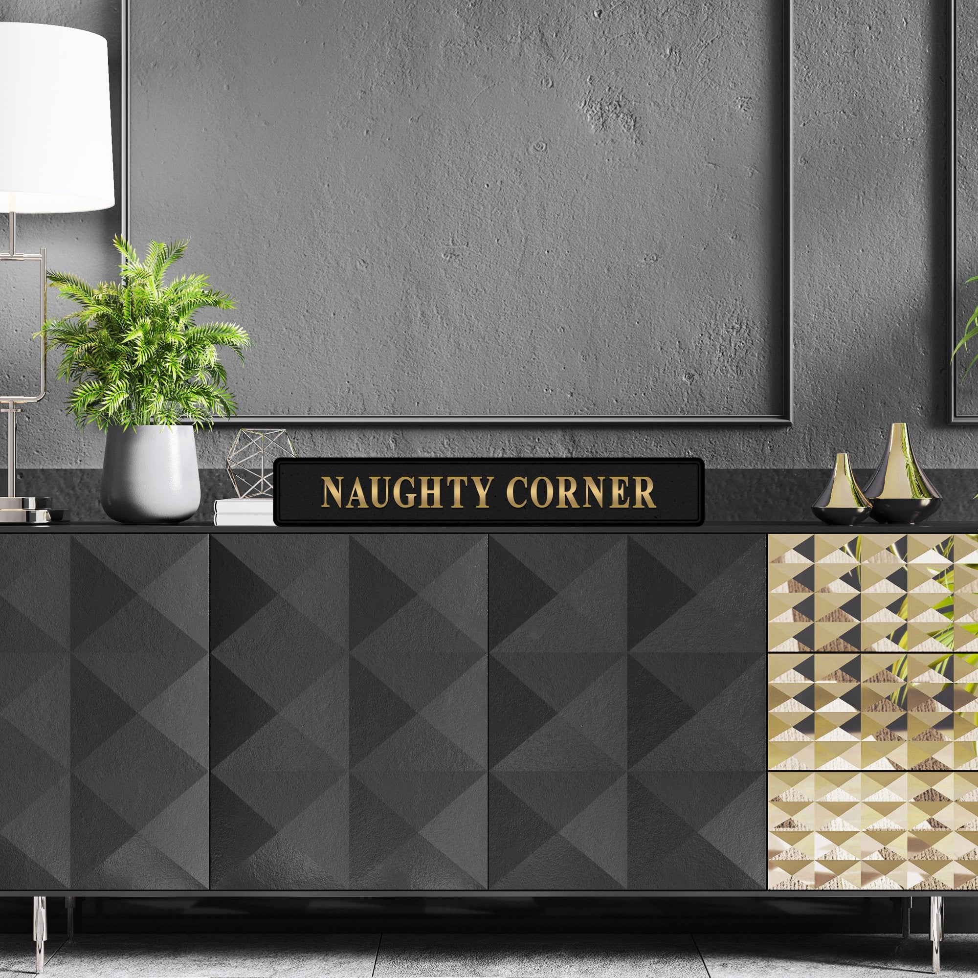 Black and gold foiled street sign with 'Naughty Corner' wording