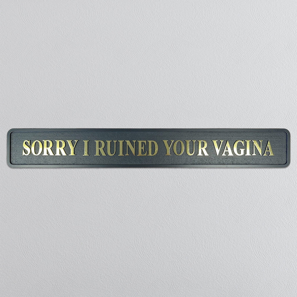 Black plaque with gold text 'SORRY I RUINED YOUR VAGINA' on a light gray background