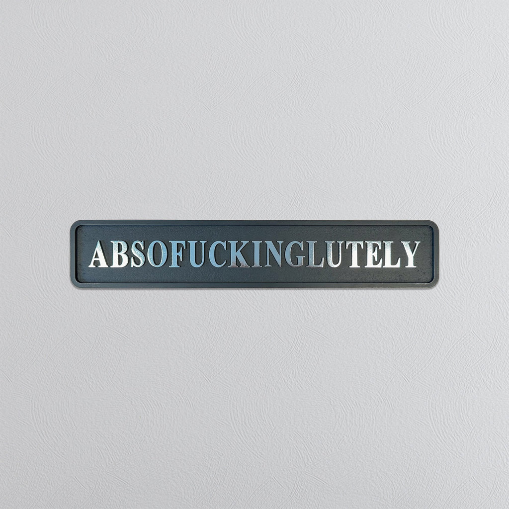 Decorative sign with the word 'ABSOFUCKINGGLUTELY' in silver foil on a gray background