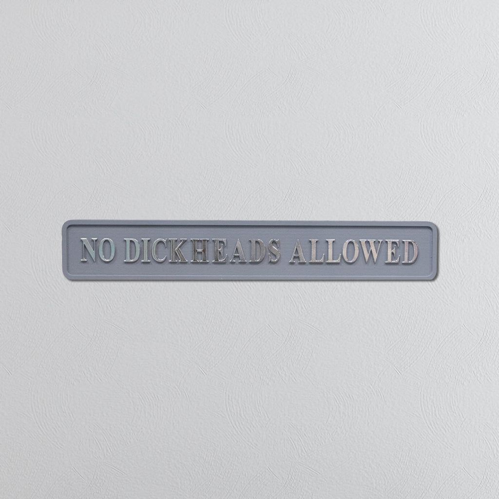 Grey sign with 'NO DICKHEADS ALLOWED' silver text on a light gray background