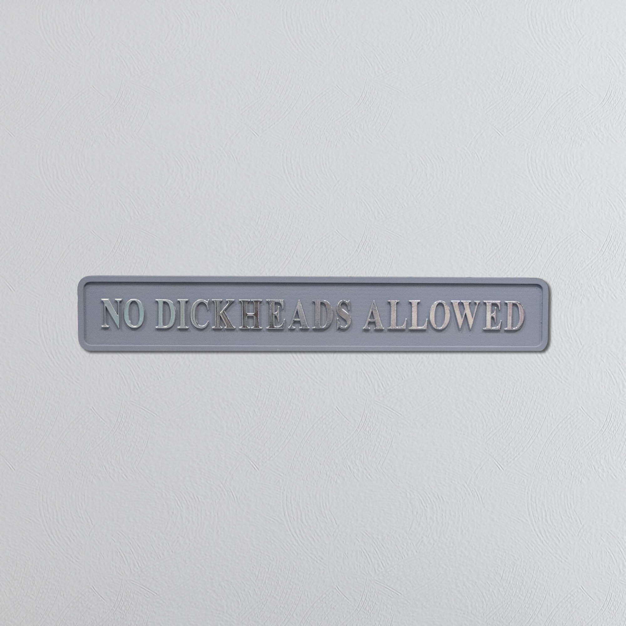 Grey sign with 'NO DICKHEADS ALLOWED' silver text on a light gray background