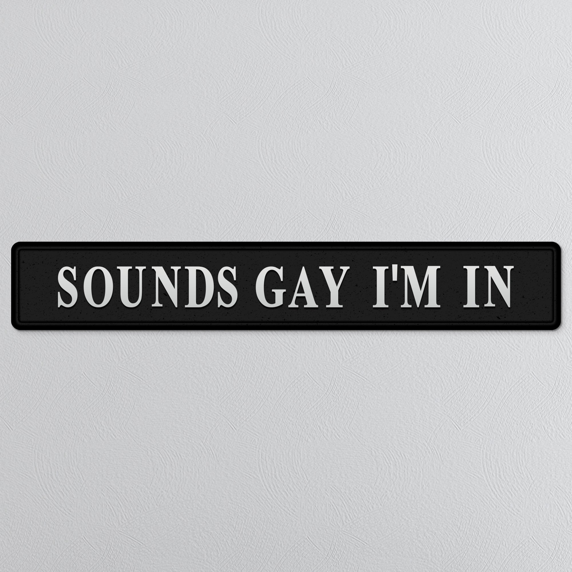 Black and silver foiled street sign with 'Sounds gay, i'm in' wording
