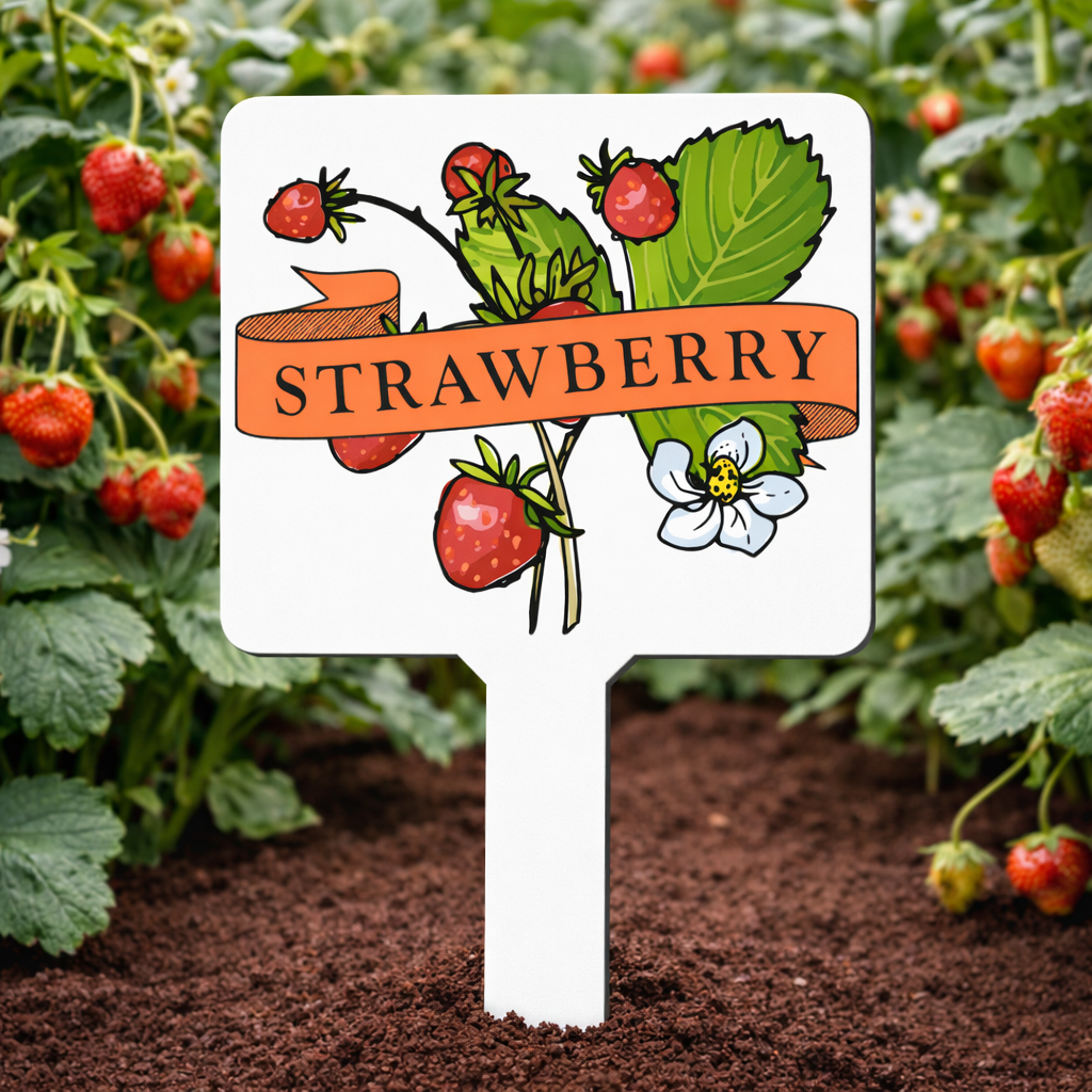 Plant marker with strawberry illustration and text