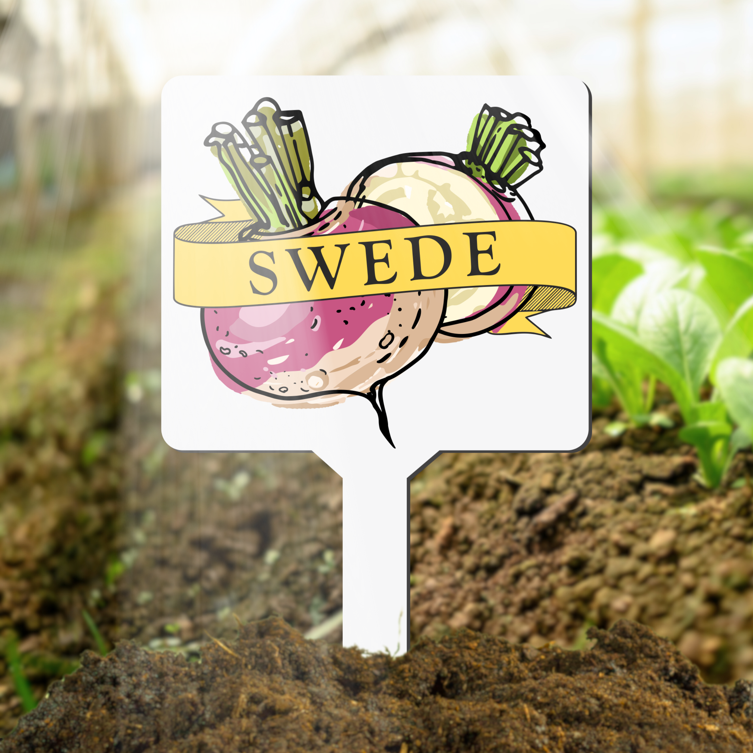 Gardening marker with illustration of a swede and 'SWEDE' text in soil