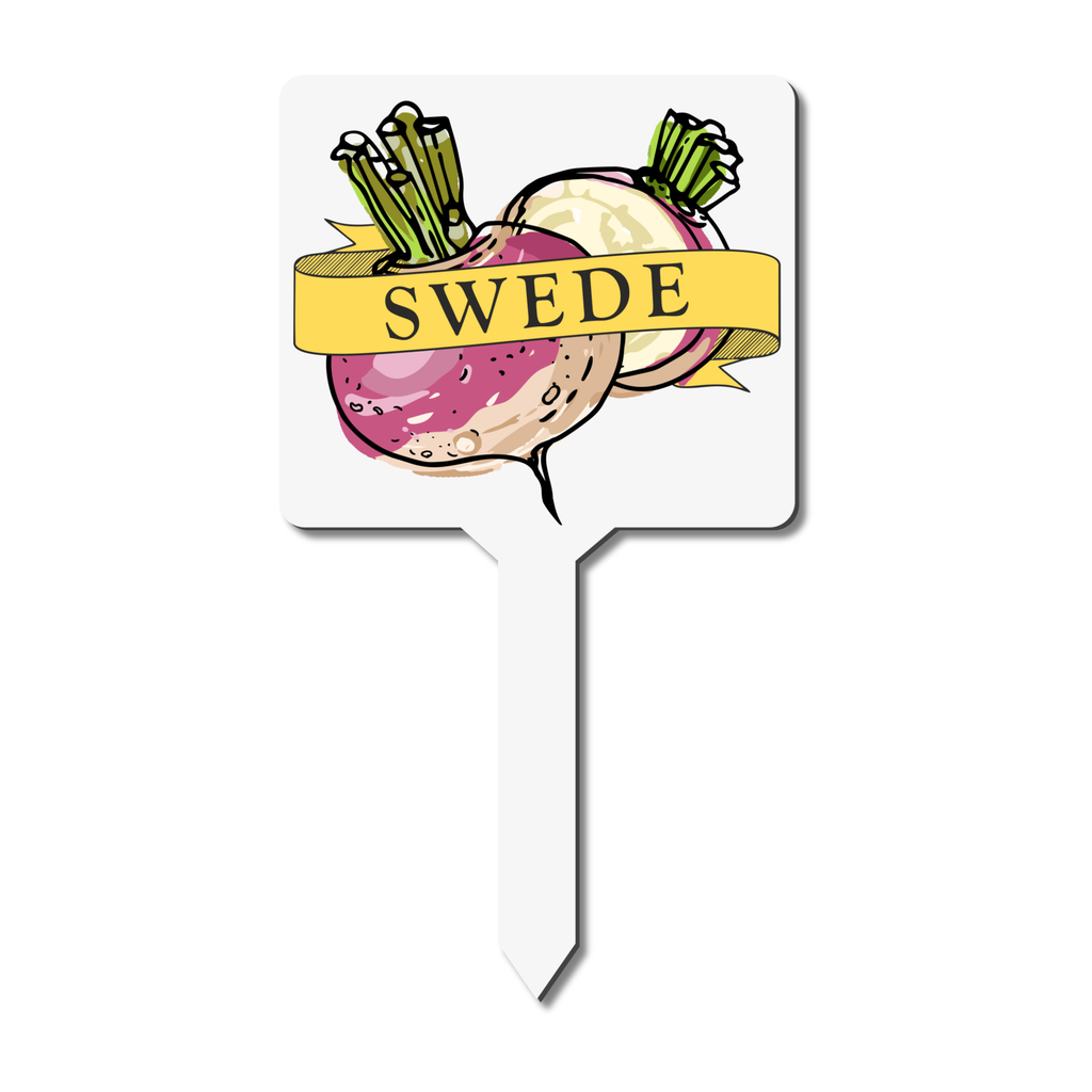Gardening marker with illustration of a swede vegetable and 'SWEDE' text on a white background