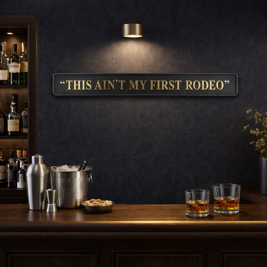 Bar setting with 'This Ain't My First Rodeo' sign, drinks, and bar equipment.