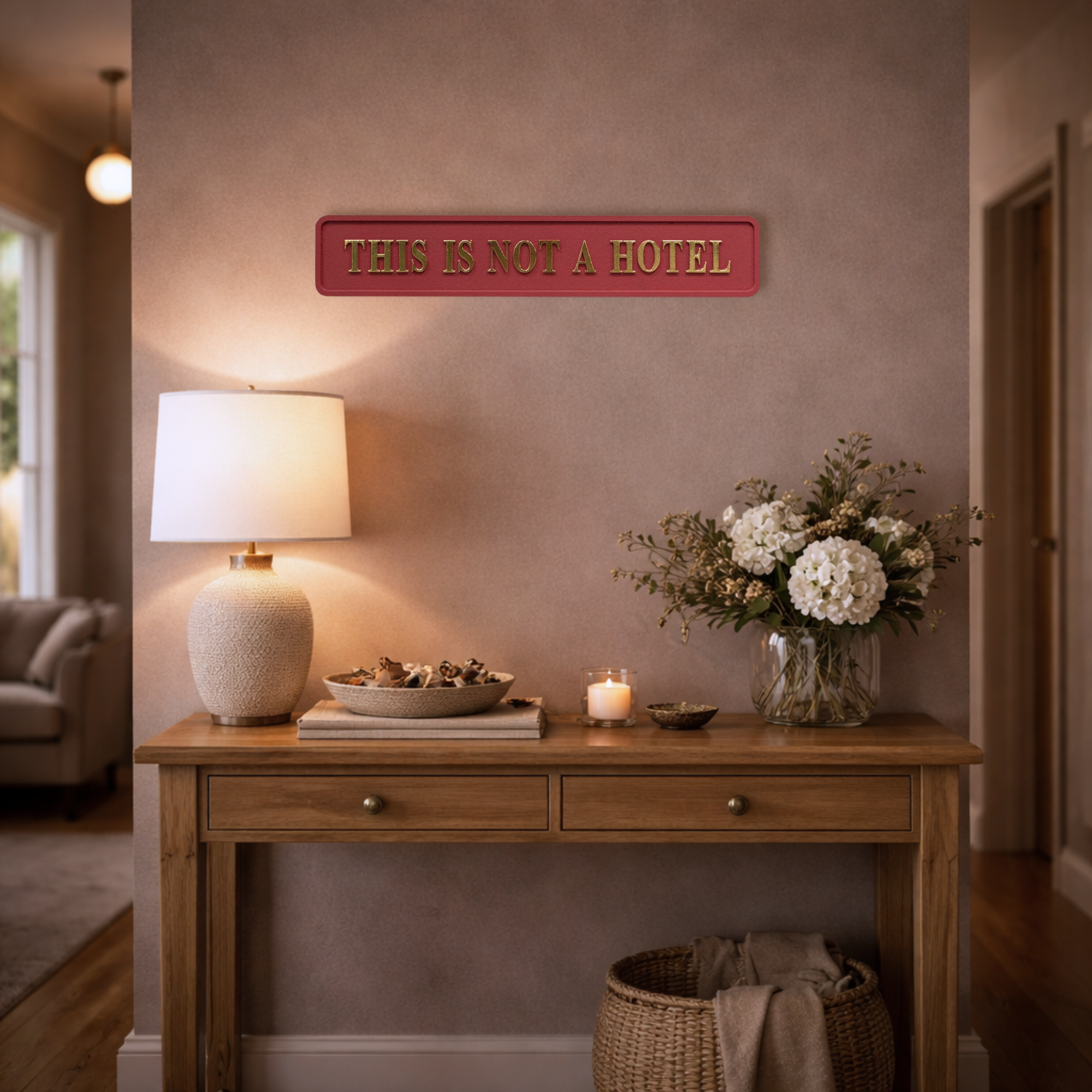Wooden console table with decorative items against a wall with 'THIS IS NOT A HOTEL' red sign with gold text.